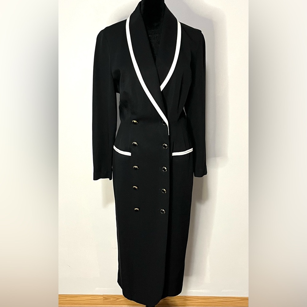 Vintage Danny & Nicole New York Black White Trim Long Sleeve Midi Dress Size MED